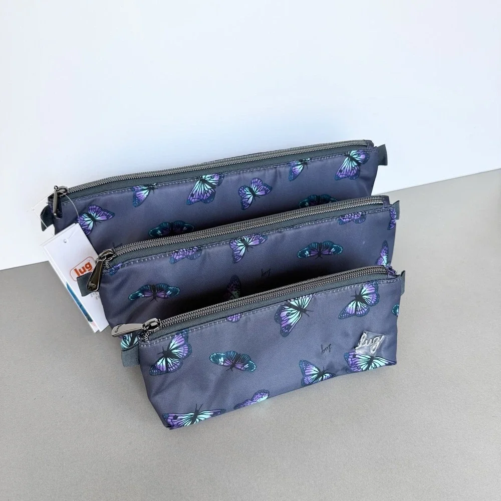 NWT Lug Schooner Butterfly Grey 3-Piece Cosmetic Makeup Travel Pouch Storage Set